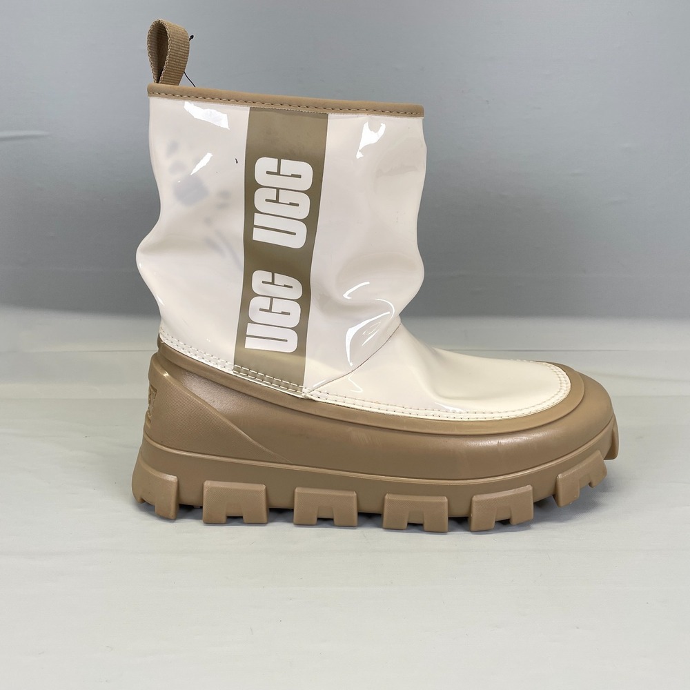 UGG Brellah Mini Boots Womens Size 8 White Brown Pull On Faux Fur Polyester Shoe